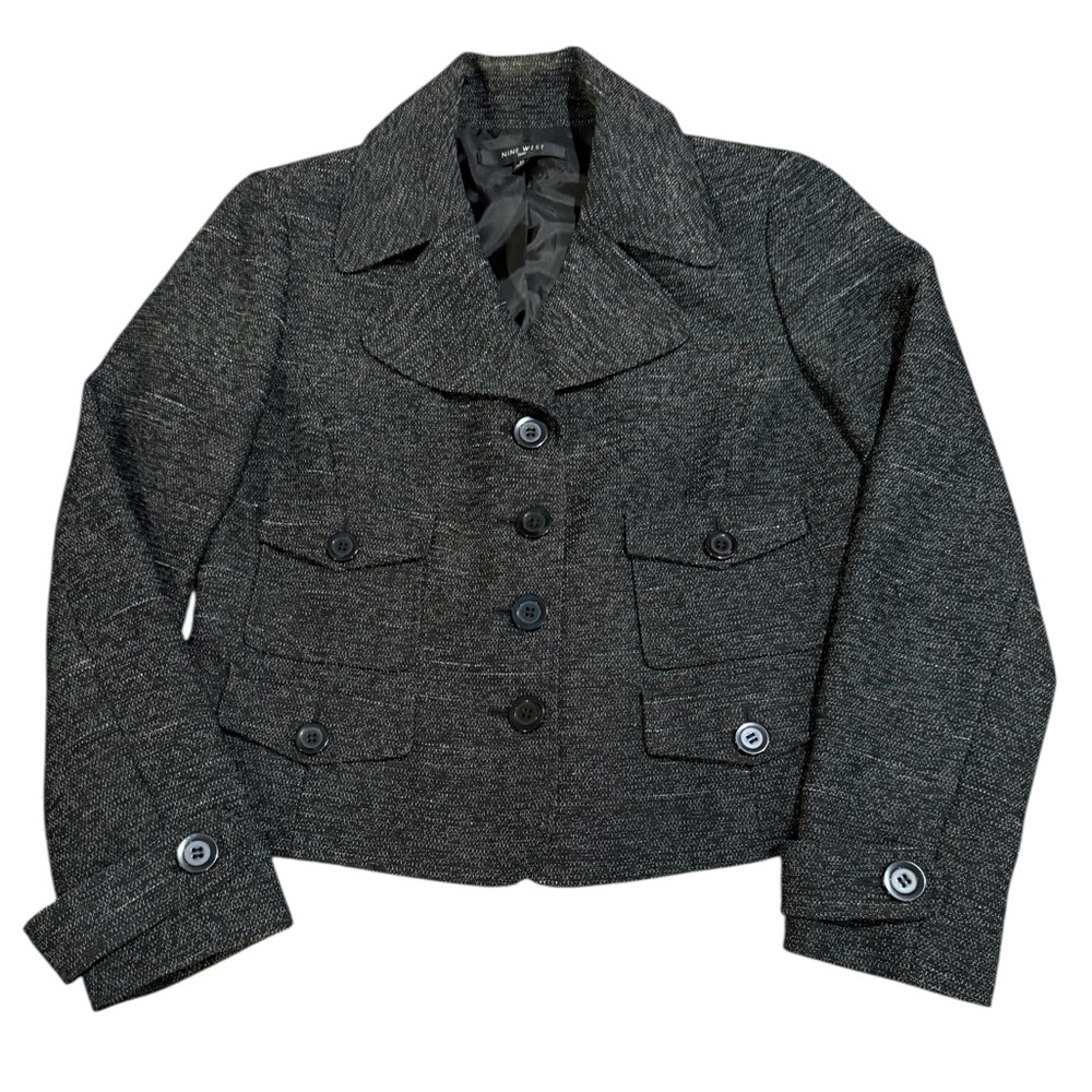 Nine West Women Size 12 Salt & Pepper Black White Tweed Lined Work Career Jacket